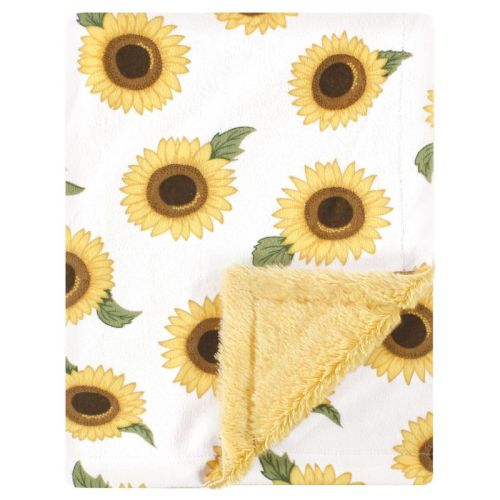 Hudson Baby Infant Girl Plush Blanket With Furry Binding And Back, Sunflower, One Size