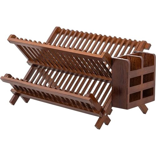HBlife Dish Rack,Teak Folding 2-Tier Collapsible Drainer Dish Drying Rack with Utensils Flatware Holder Set (Dish Rack with Utensil Holder)