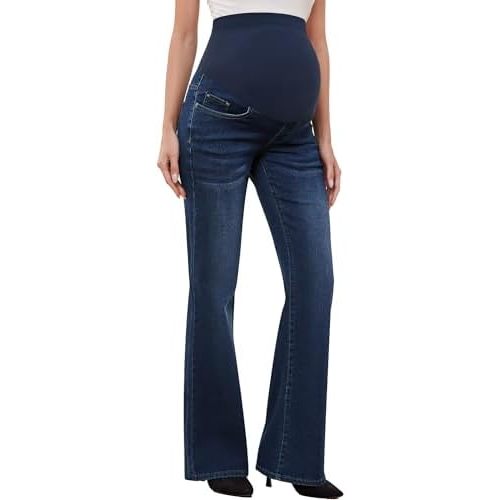 GLAMIX Women's Stretch Maternity Bootcut Jeans with Pockets Over The Belly Bell Bottoms Flare Denim Pants Pregnancy Clothes