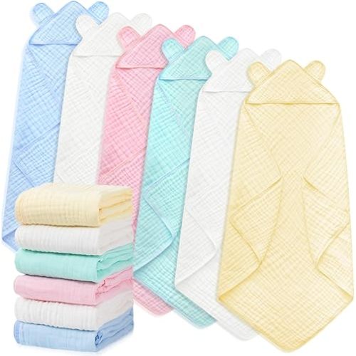 Preboun 6 Pcs Muslin Baby Hooded Towels Cotton Absorbent 6 Layers Cute Bath Toddler Towels for Newborn Kids Girl Infant Boys Toddler Shower Gift Supplies (Multicolor)