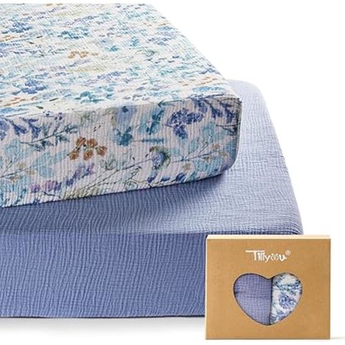 TILLYOU 2 Pack Muslin Crib Sheets for Boys and Girls, 100% Cotton Fitted Crib Sheet for Toddler 52"x28" Standard Crib Mattress, Blue Flower