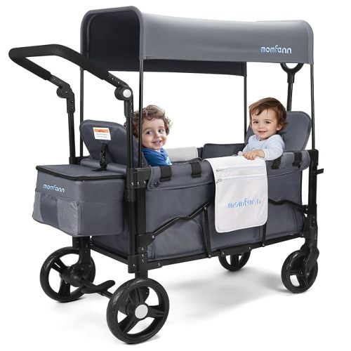 Stroller Wagon for Kids, Wagon Stroller Toddlers 2 Seaters, All-Terrain Baby Wagon Outdoor with Canopy, Parent Organizer, Adjustable Handle & Pull Bar for Infants and Toddlers, Gray
