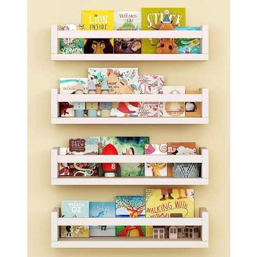 Set of 4 Wall-Mounted Kid's Bookshelf - White Floating Nursery Book Shelves - Durable Wood Construction - Ideal for Nursery Decor, Kids Room, Toy Storage