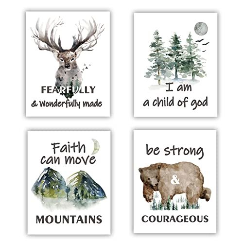 Forest Animals Bible Verse Poster ， Inspirational Quote Poster ，Watercolor Wall Art for Kids Room Decor ，suitable for Kids Room ,Playroom Nursery Decor Decor | 4-pack20.32 x 25.40 cm (Unframed)