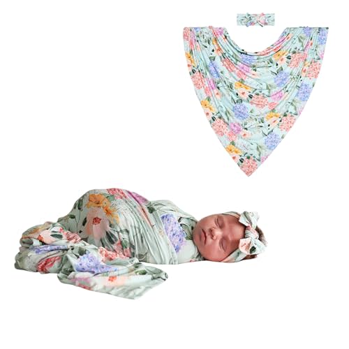 Posh Peanut Swaddle Blanket & Headband Set – Viscose from Bamboo Stretchy Baby Swaddle for Newborn Girls, Receiving Blanket or Nursing Cover (Erin)