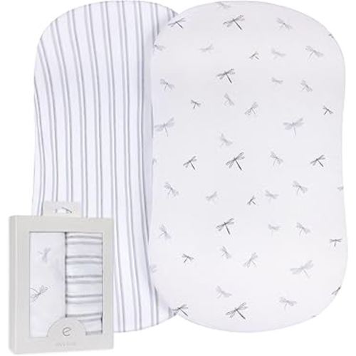 Ely’s & Co. Bassinet Sheets, Baby Boy Fitted Bassinet Mattress Sheet Set - 2 Pack, 100% Jersey Knit Cotton, fits Oval, Hourglass and Rectangle Mattress, Blue Dragonflies + Stripes, 32”x16”x3”