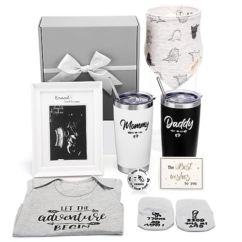 Chuarry 10 Pcs Pregnancy Gifts for New Parents New Mom Women Gender Reveal Gifts Baby Shower 20oz Mom and Dad Tumblers Frame Unisex Jumpsuit for First Time Parents(Classic,Gray)