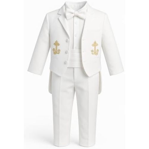 iGilrDress Baby/Toddler/Boys White Baptism Christening Mandarin Collar Tail 5 pcs Tuxedo with Cross Embroidery
