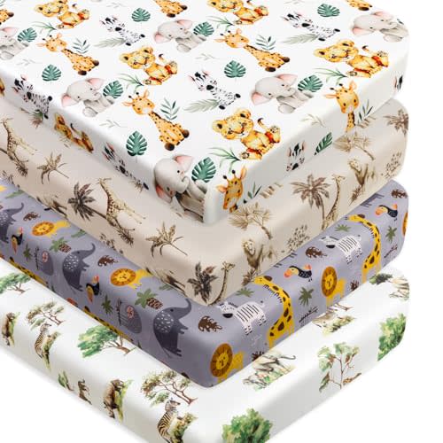 4 Pack Safari Jungle Animals Neutral Unisex Fitted Nursery Baby Sheets Set Toddler Mattress Sheets for Baby Boys or Girls (Crib Sheets)
