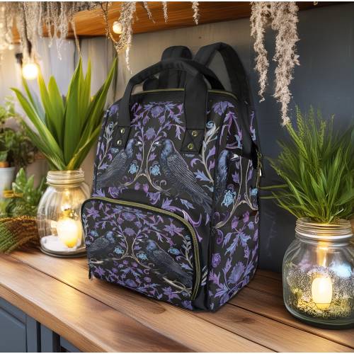 Gothic Violet Ravens Multifunctional Diaper Bag, Witchy Mama Baby Backpack, Dark Academia Baby, Goth Baby Mama Gift, Purple Crows Diaper Bag