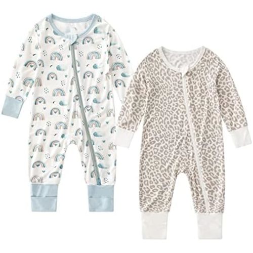 OPAWO Viscose from Bamboo Baby Pajamas Girl 2pack Mittens Cuff 2 Way Zipper Soft Footless Sleeper Baby Boy One-Piece Romper
