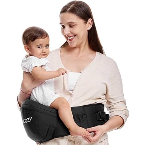 Momcozy Hip Seat Baby Carrier - Adjustable Waistband with Original 3D Belly Protector & EVA Massage Board, Ergonomic Carrier with Various Pockets for Newborns & Toddlers up to 45lbs (Black, Medium)