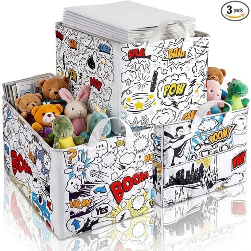 Maxdot 3 Pack Hero Comic Book Storage Themed Basket Large Gifts for Laundry Hamper Basket for Kids Room Nursery Collapsible Toy Clothes Storage Collection Bin(Hero,Rectangle)