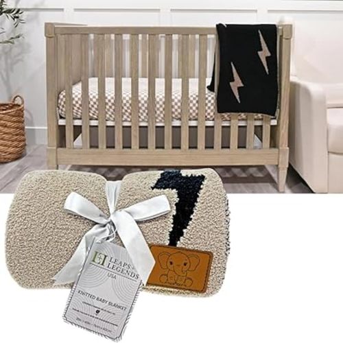 Lightning Bolt Baby Blanket 28"x40" with Leather Patch - Soft Knitted Throw for Crib or Stroller - Receiving Blanket/Newborn Nursery Gift Essential for Toddler, Infant or Kids (Black/Brown)