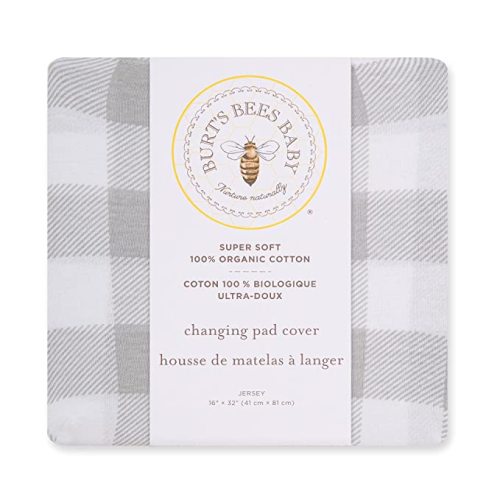 Burt's Bees Baby - Changing Pad Cover, 100% Organic Jersey Cotton Changing Pad Liner for Standard 16 x 32 Inch Changing Mats - Grey Buffalo Check - Jersey Knit