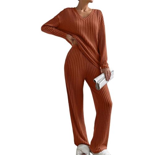 SHEWIN Women's Pajama Sets Long Sleeve Short Sleeve 2 Piece Lounge Sets Ribbed Knit Sweater Sleepwear
