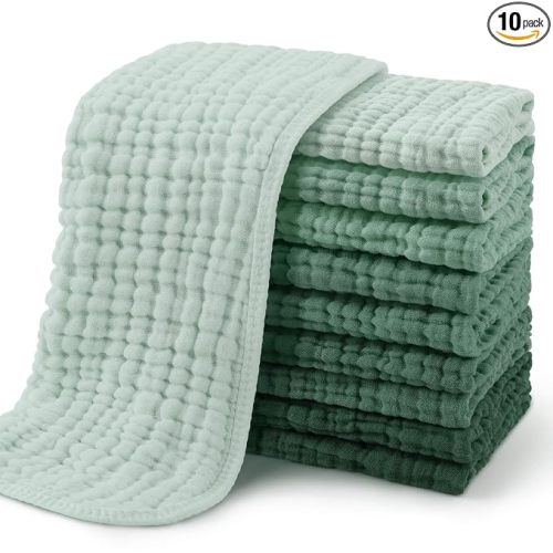 Yoofoss Muslin Burp Cloths for Baby 10 Pack 100% Organic Cotton Baby Washcloths for Boys Girls Large 20''X10'' Super Soft and Absorbent Gradient Green