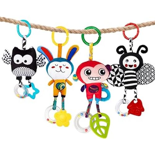 teytoy Baby Toys for 0, 3, 6, 9, 12 Months, Animal Hanging Baby Rattles, Baby Bed Crib Car Seat Travel Stroller Soft Plush Crinkle Toys for Infant, Newborn Birthday Gifts(4 Pack)
