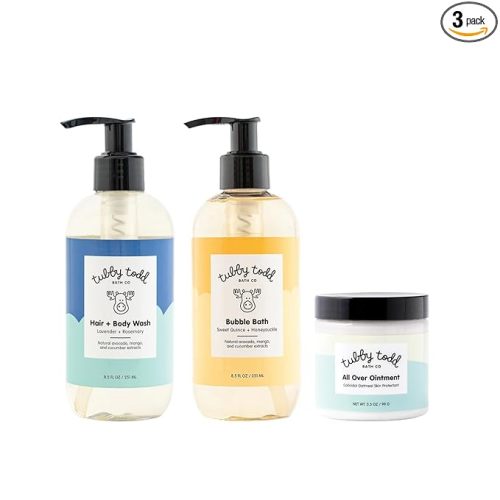 TUBBY TODD Essentials Baby Bath Gift Set – 8.5oz Hair+Body Wash, 8.5oz Bubble Bath & 3.5oz All Over Ointment
