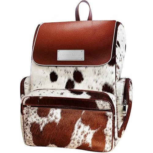Cowhide Hair Print Fur Leather Diaper Backpack Rucksack / Knapsack Travel Shoulder Bag (Custom Name Tag)
