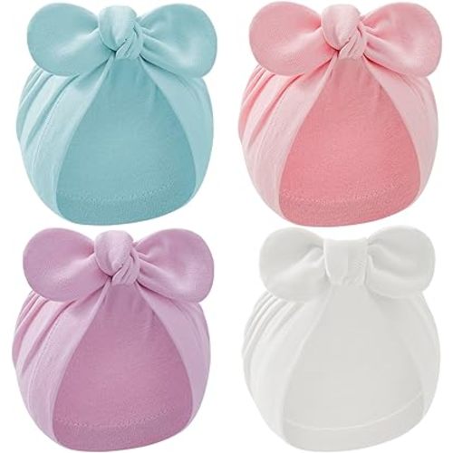 Zando 4PCS Baby Hat Newborn Hats with Big Bow Cotton Warmth Infant Hospital Hat Baby Turban for Girls Boys 0-2t