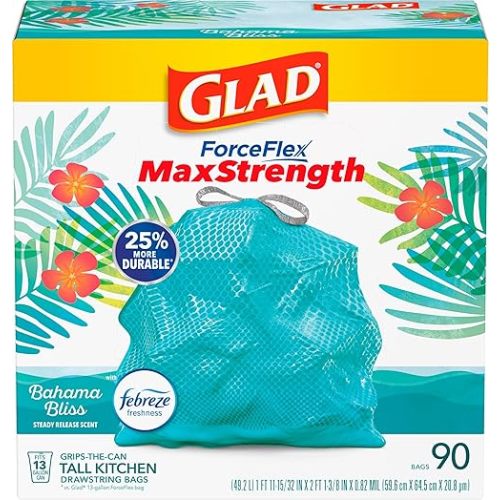 Glad ForceFlex MaxStrength Kitchen Trash Bags, 13 Gal, Bahama Bliss Febreze, 90 Ct (Pack May Vary)