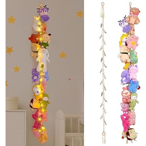 FIOBEE Stuffed Animals Storage Chain with LED Light Kids Toy Wall Storage 80" Corner Hanging Stuffed Animals Organizer Large Metal Clips for Nursery Playroom Bedroom Organization, Cream, Pack of 1