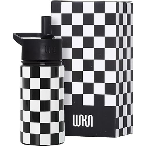 Wildkin Kids Stainless Steel Water Bottle, 14oz, Black and White Checkered