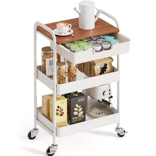 TOOLF 3-Tier Metal Utility Rolling Cart with Drawer & Wooden Table Top, Storage Cart White Trolley Kitchen Organizer Rolling Desk with Locking Wheels for Office, Classroom, Dorm, Bedroom