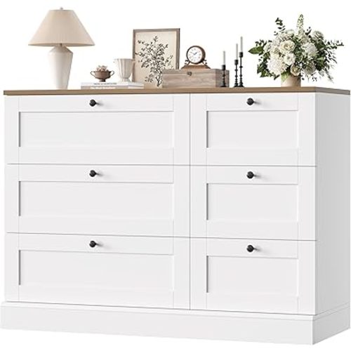 HOSTACK 6 Drawer Dresser, White Dresser for Bedroom, Wood Wide Chest of Drawers, Modern Farmhouse Drawer Chest for Living Room, Hallway, Entryway, White/Rustic Brown