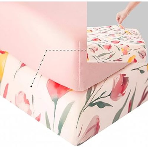 SDIII 2 Pack Pink Floral Crib Sheets 52" × 28" × 8", 100% High Elastic Microfiber Jersey Knit, Soft and Breathable, Floral and Pink Crib Sheets for Baby Girl