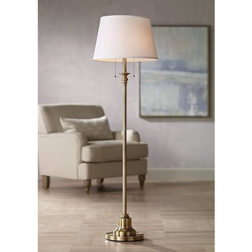 360 Lighting Spenser Traditional Floor Lamp Standing 58" Tall Brushed Antique Brass Gold Metal Thin Column Off-White Linen Fabric Empire Shade for Living Room Reading House Bedroom Home