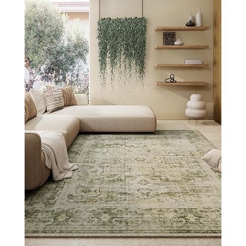 Machine Washable Living Room Rug: 5'x7' Bedroom Area Rug Boho Vintage Large Rugs Stain Resistant Non Slip Low Pile Faux Wool Soft Rug for Dining Room Bedside Kitchen Entryway Nursery Home Office