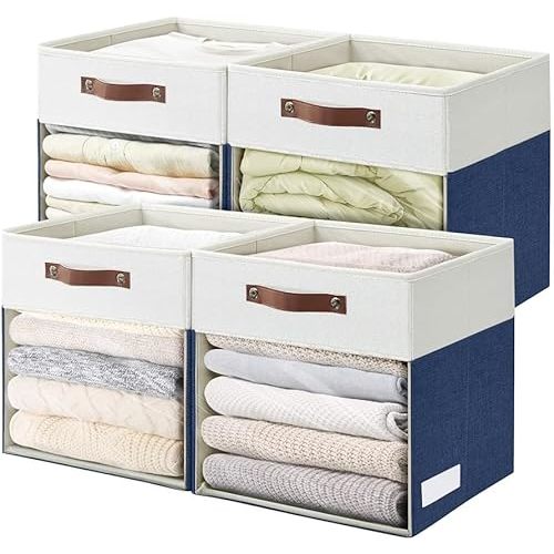 Storage Cubes, 4 Pack Linen Foldable Storage Bins (13 x 13 inch) with Clear Window and Handles, Fabric Organizer for Shelf Closet, Clothes, Books - (Navy Blue and White)