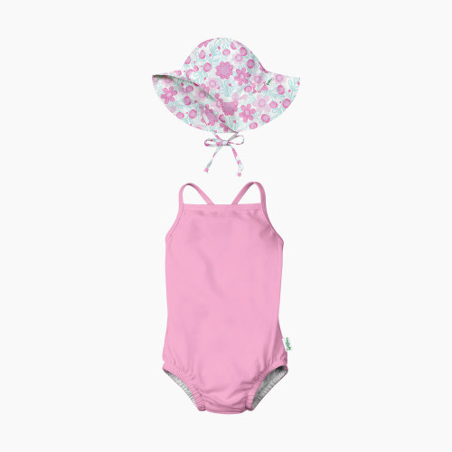 GREEN SPROUTS UPF 50+ Swimsuit with Built-in Diaper & Brim Hat Set - Light Pink/White Bold Floral, 0-6 Months