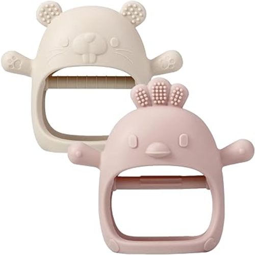 2 Pack Baby Teether Toy, BPA Free Silicone Mitten Glove Teether for Sucking Needs, Baby Teething Toys 0-3-6-12 Months, Hand Pacifier Chew Toys for Teething Pain Relief (Pink & Beige)