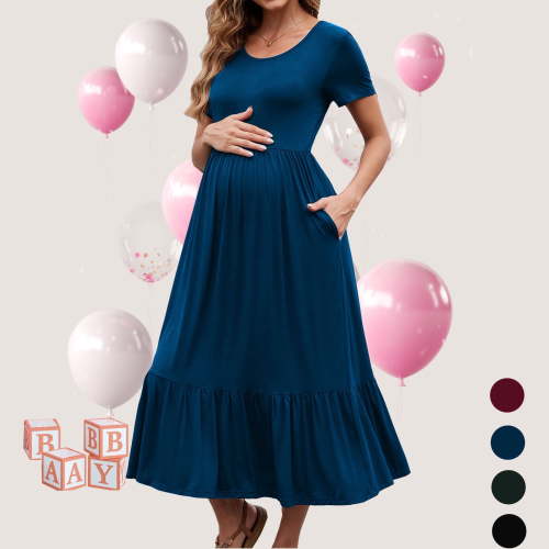 Beaisland Womens Maternity Dress Short Sleeve Pleated Flowing Pregnancy Beach Dresses
