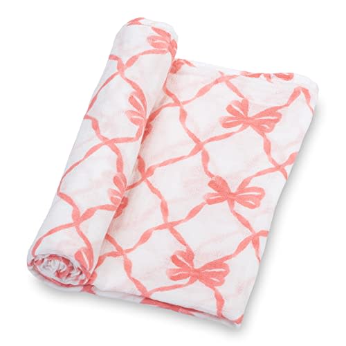 LollyBanks Baby Blankets, 100% Muslin Cotton Swaddle Blanket for Girls, Soft and Large 47 x 47 Inches Newborn Swaddle, Breathable Baby Receiving Blankets, Registry (Pink Bow Print)