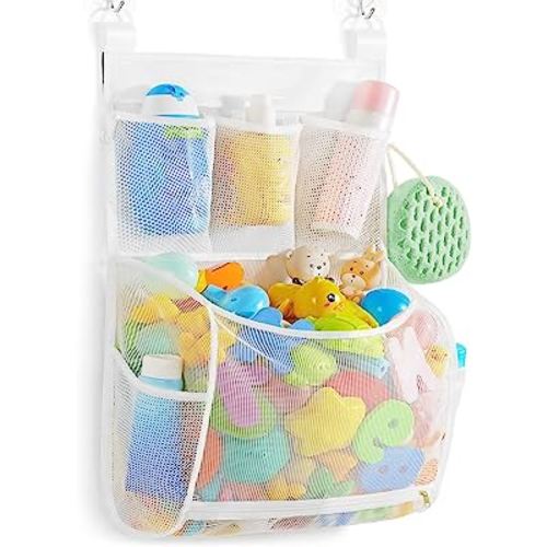 Ligereza Baby Mesh Bath Toy Organizer,Multiple Ways to Hang, Ultra Large Capacity & Large Opening, Bathroom Toy Holder, Bath Toy Storage Bag With 5 Side Pockets (Large White)