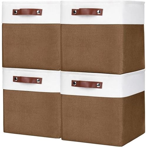 Collapsible Fabric Storage Cubes 11x11 Cube Storage Bins, 4 Pack Closet Baskets Box with Handles for Organizing, Shelf, Toys, Clothes, Home, Office, Nursery (Brown&White)