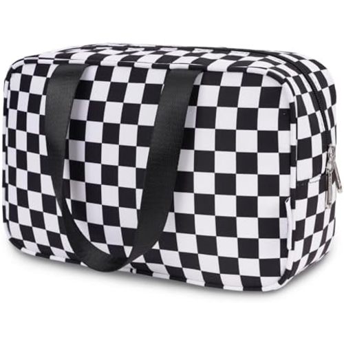Narwey Large Toiletry Bag Women Cosmetic Bag Travel Makeup Bag Organizer Medicine Bag for Toiletries Essentials Accessories (Black Checkerboard, Large)