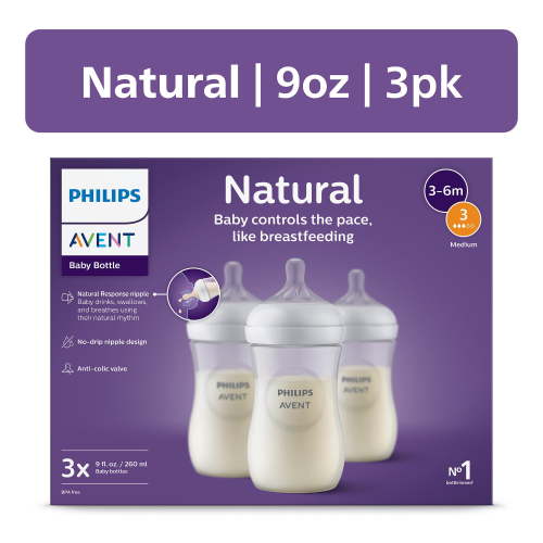 Philips Avent Natural Baby Bottle, Anti-Colic, Clear, 9oz, 3pk, SCY903/93