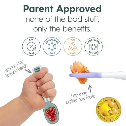 NumNum Baby Spoons Set, Pre-Spoon GOOtensils for Kids Aged 6+ Months - First Stage, Baby Led Weaning (BLW) Teething Spoon - Self Feeding, Silicone Toddler Food Utensils - 2 Spoons, Gray/Green