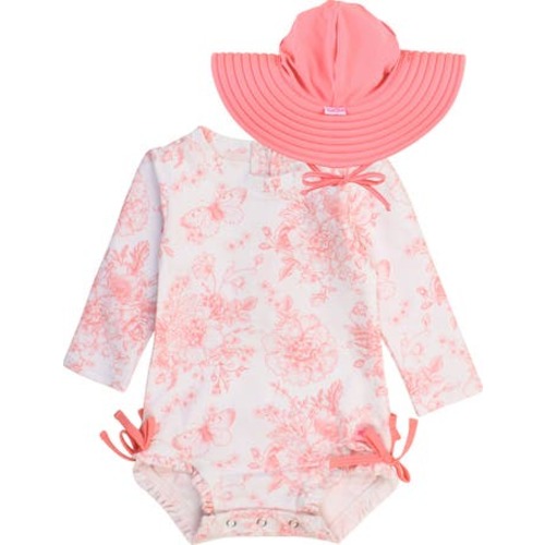 Pink Garden One-Piece Rashguard Swimsuit & Hat Set
