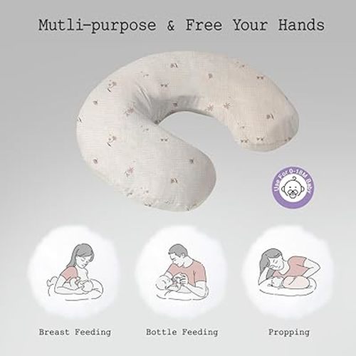 Little Grape Land Muslin Nursing Pillow for Breastfeeding, Soft and Supportive Breastfeeding Pillow for Mom and Baby, Cute Feeding Pillow with Removable Cover for 0–12 Months(Fog Flower)