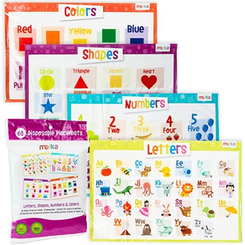 Merka Disposable Placemats for Baby and Toddlers 12" x 18", 60 Pack Stick-on Table Kids Placemats for Restaurants, Includes Shapes, Numbers, Letters & Colors