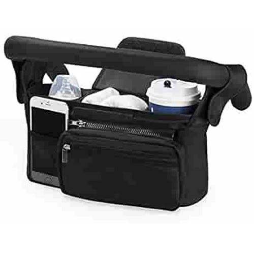 Momcozy Universal Baby Stroller Organizer, 2 Insulated Cup Holder, Detachable Zippered Pocket, Adjustable Shoulder Strap, Large capacity for baby essentials, Compact Design Fits Any Strollers(Black)