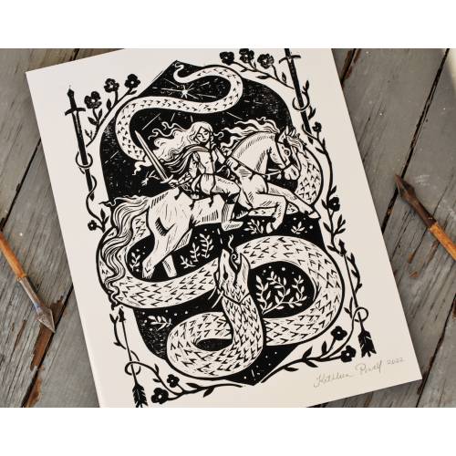 Slayer Block Print - Artist Print - Medieval Illustration - Renaissance Storybook Wall Art - Female Warrior - Shieldmaiden Swordmaiden