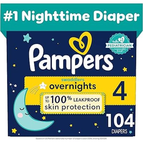 Pampers Swaddlers Overnights Diapers - Size 4, 104 Count, Disposable Baby Diapers, Night Time Skin Protection