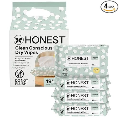The Honest Company 100% Pure Organic Cotton Dry Wipes, Hypoallergenic, Multi-Use, Baby Facial Cloths, 192 Count